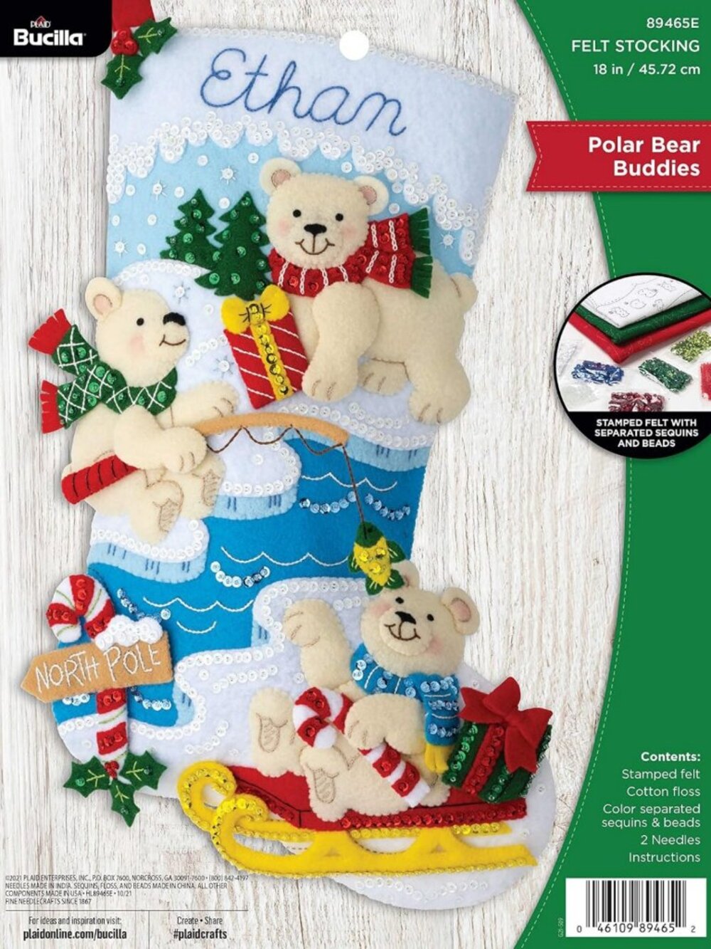 DIY Felt Applique Stocking Kit - Polar Bear Buddies, 18" Craft Project, Holiday
